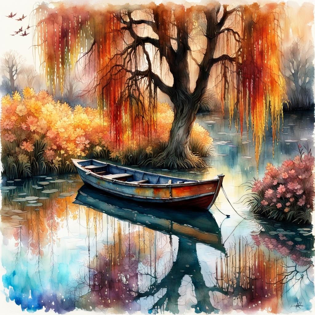 Autumn Flowers on Frosty Pond in Watercolor Style