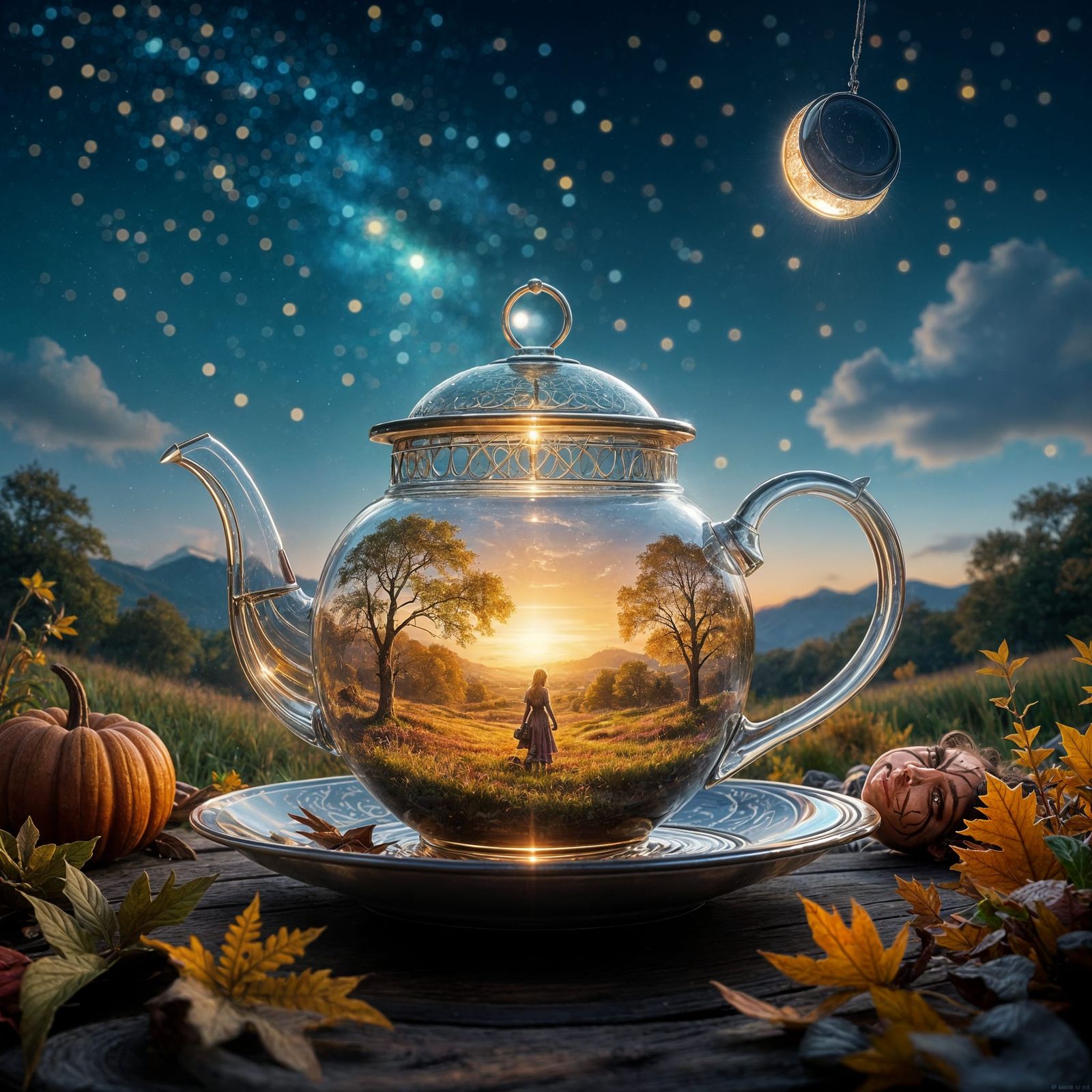 Autumn Landscape Pours From Crystal Teapot