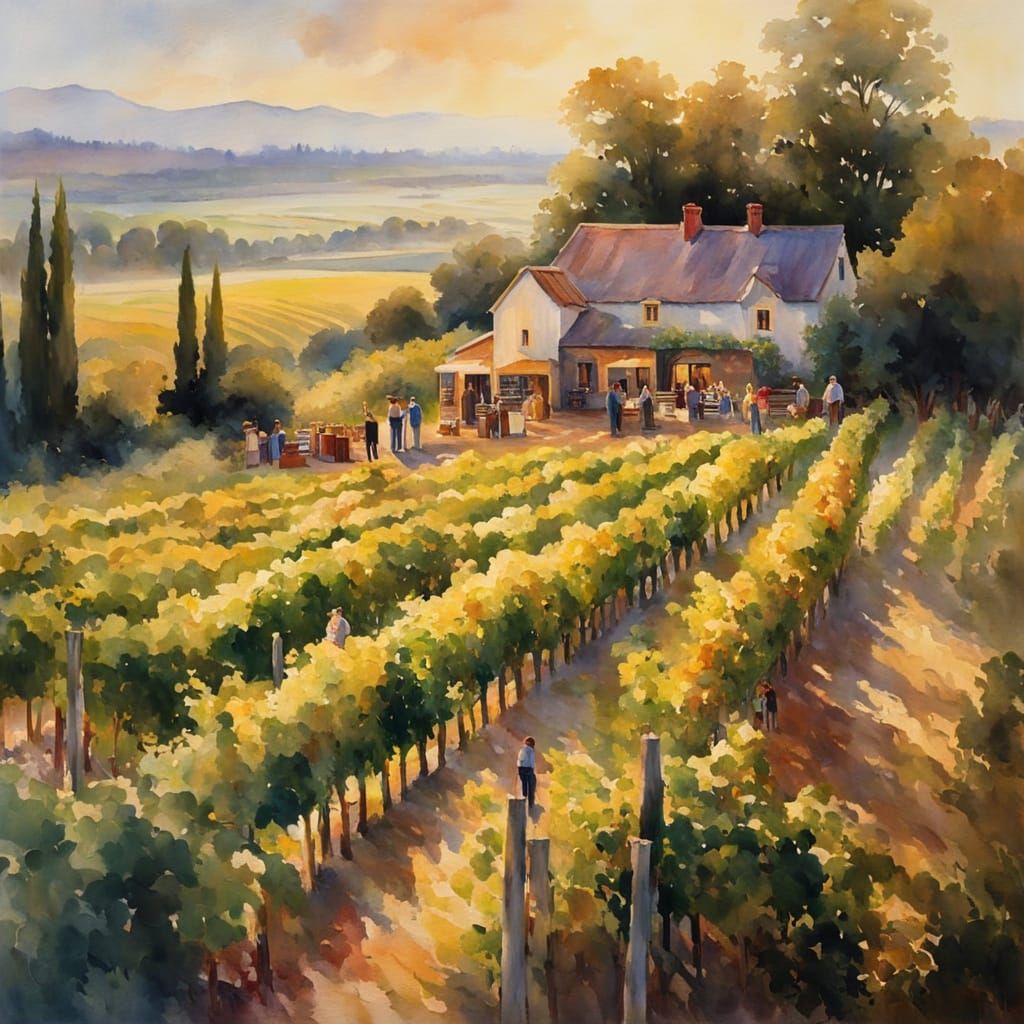 Wine Tasting at Vineyard in Impressionist Watercolour