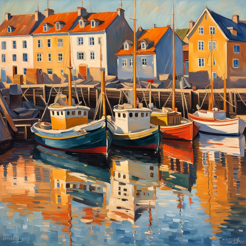 Swedish Harbor in Morning Light, Impressionist Painting