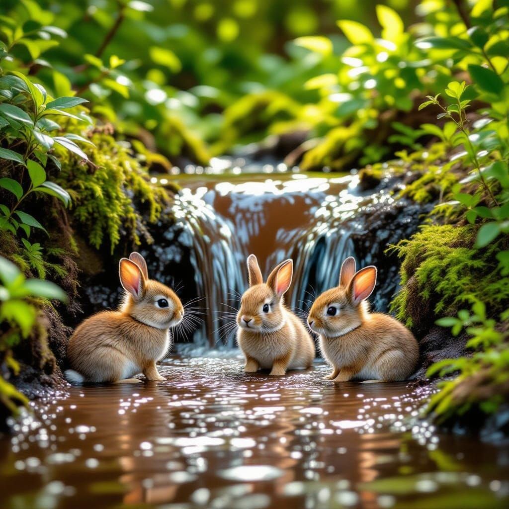 Rabbits Playing in Chocolate Waterfall Photograph
