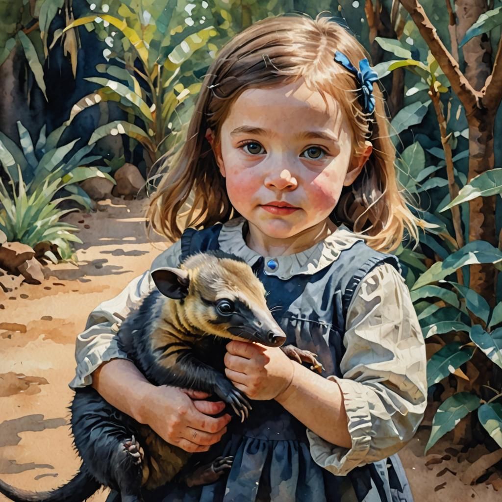 Girl with Anteater in Gouache Watercolor Style