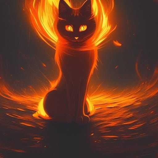 Flaming Black Cat at Campfire, Dark Fantasy Art