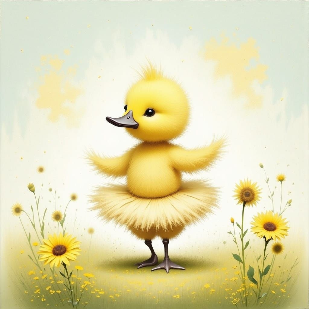 Duckling's Ballet: Whimsical Dance in Sunny Meadow