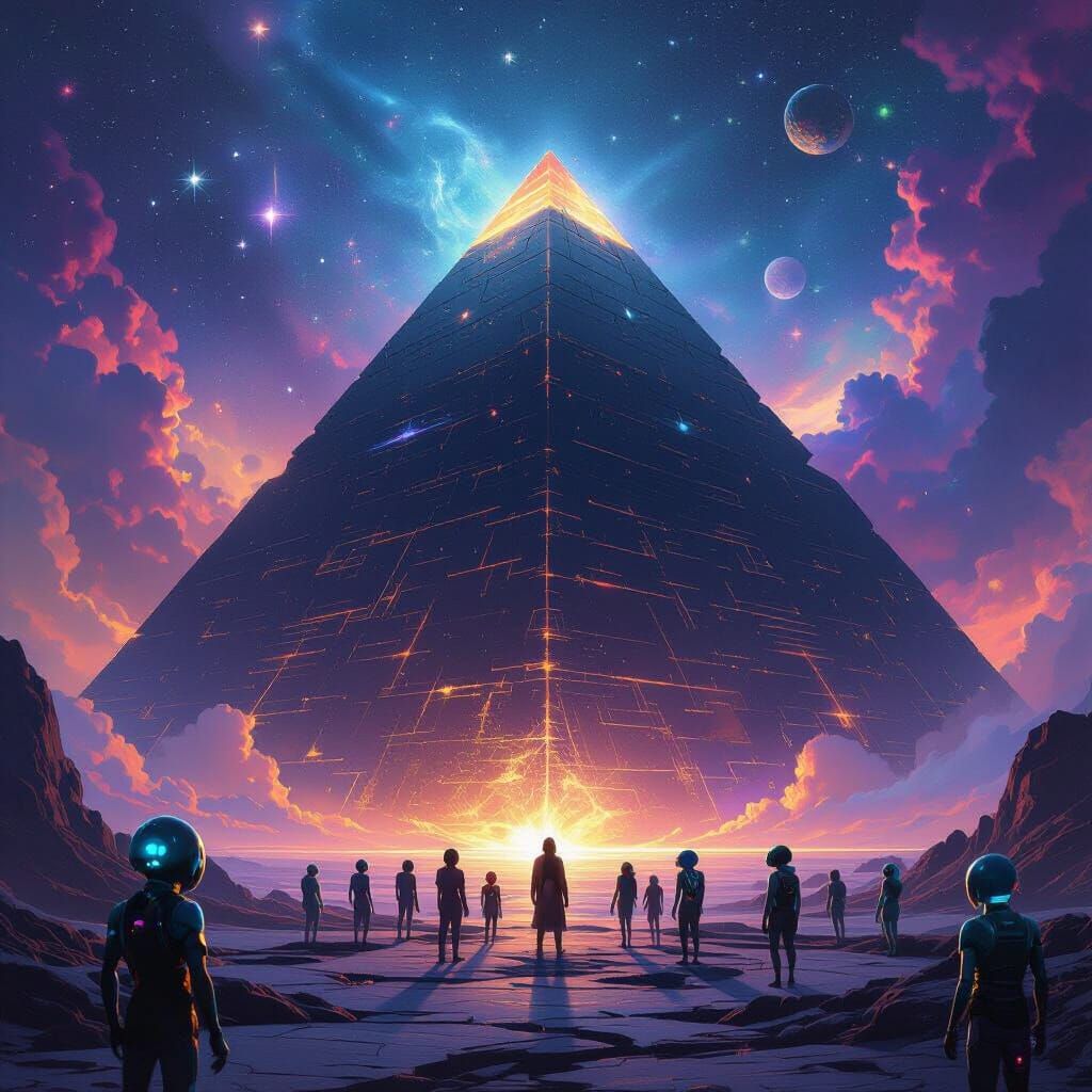 Cosmic Pyramid with Artist and Aliens in Hyperrealistic Styl...