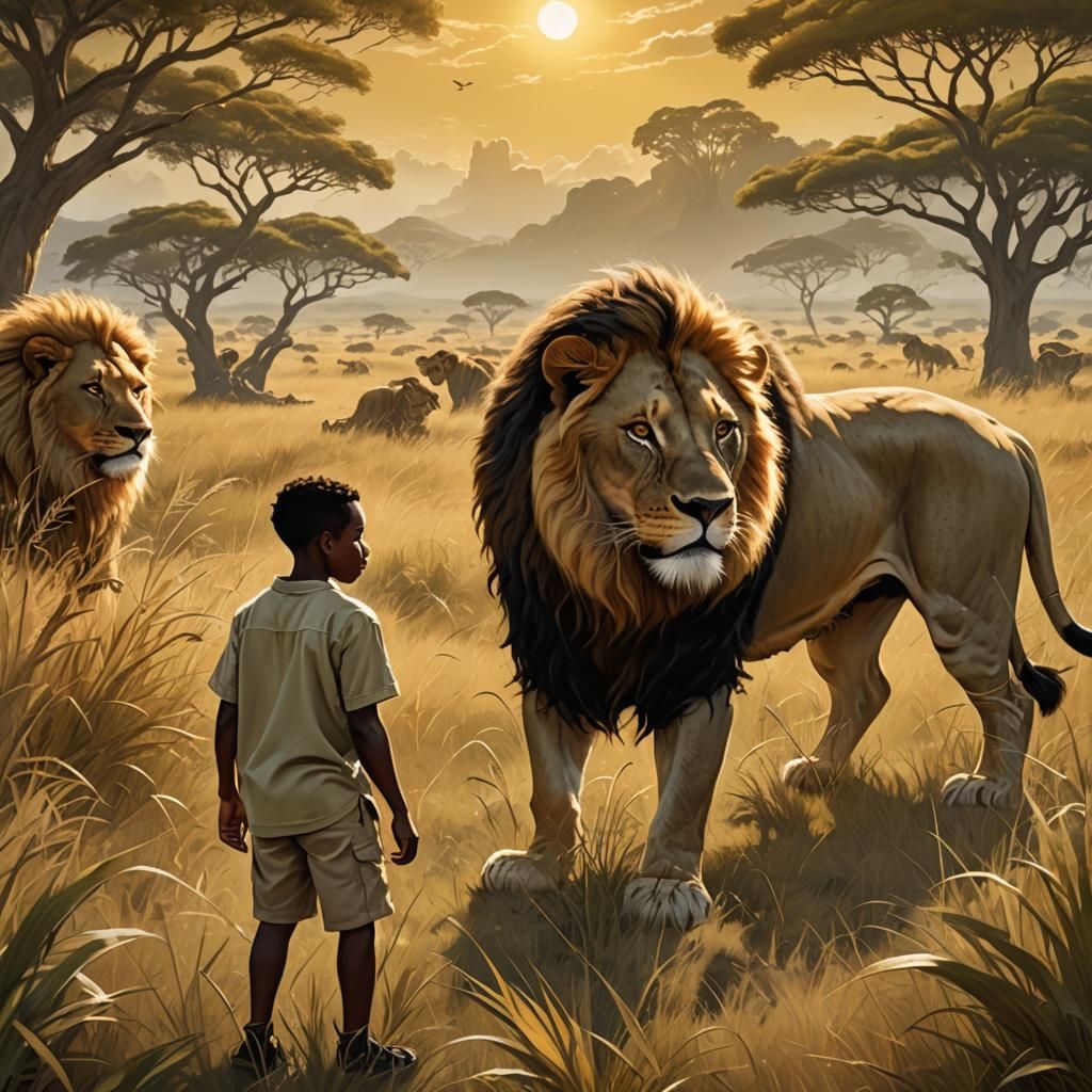 Young Boy Kofi Meets Lion in African Grasslands