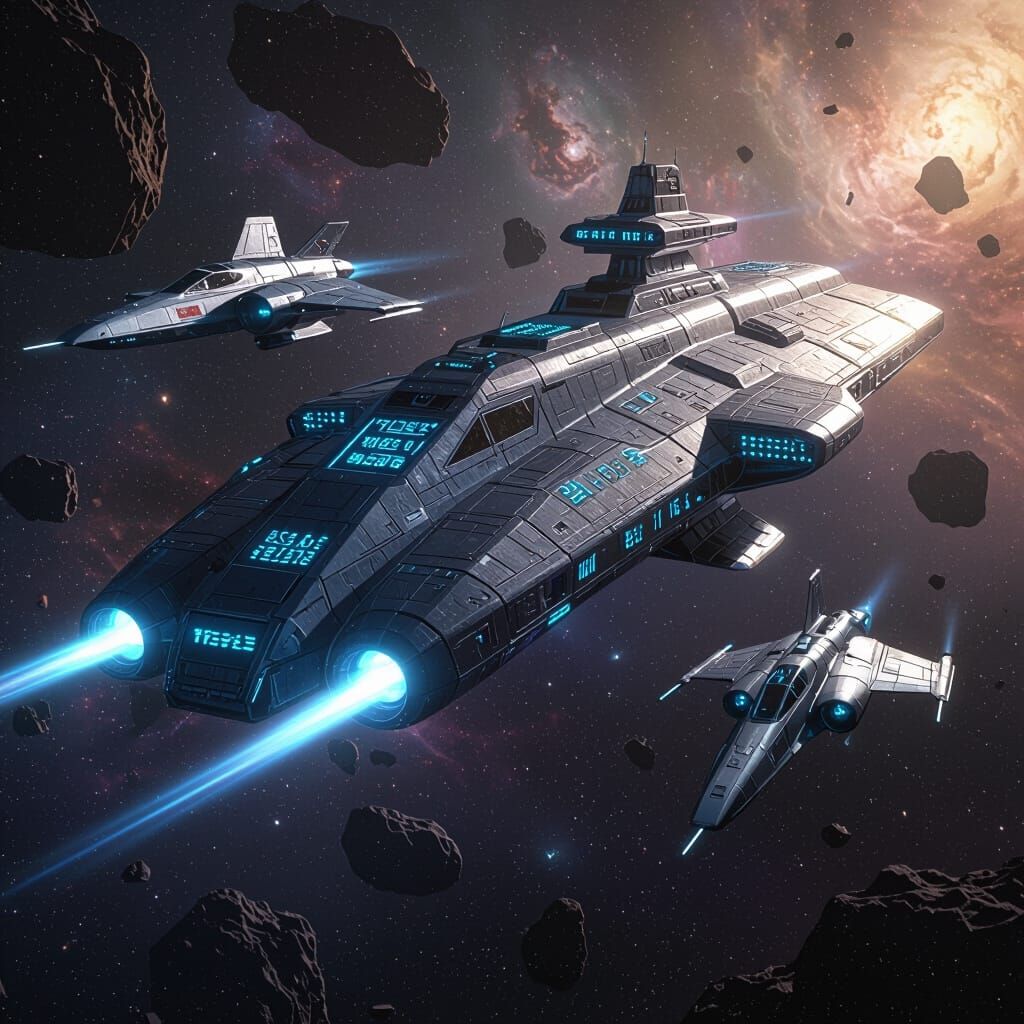 Colossal Starship Navigates Space with Fighters, Alien Glyph...