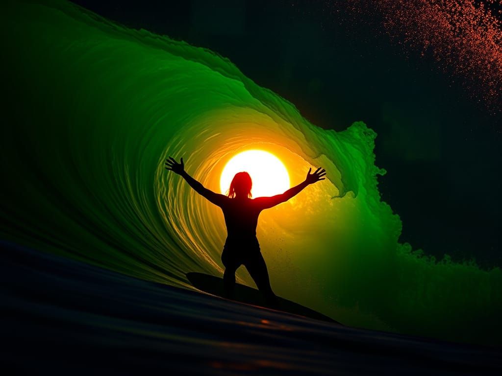 Surfer Battles Emerald Wave at Golden Hour