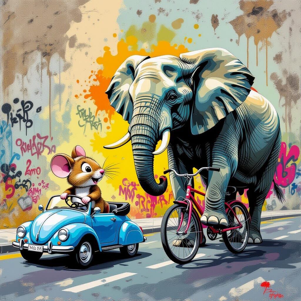Cartoon Mouse Drives Car Beside Elephant on Bicycle