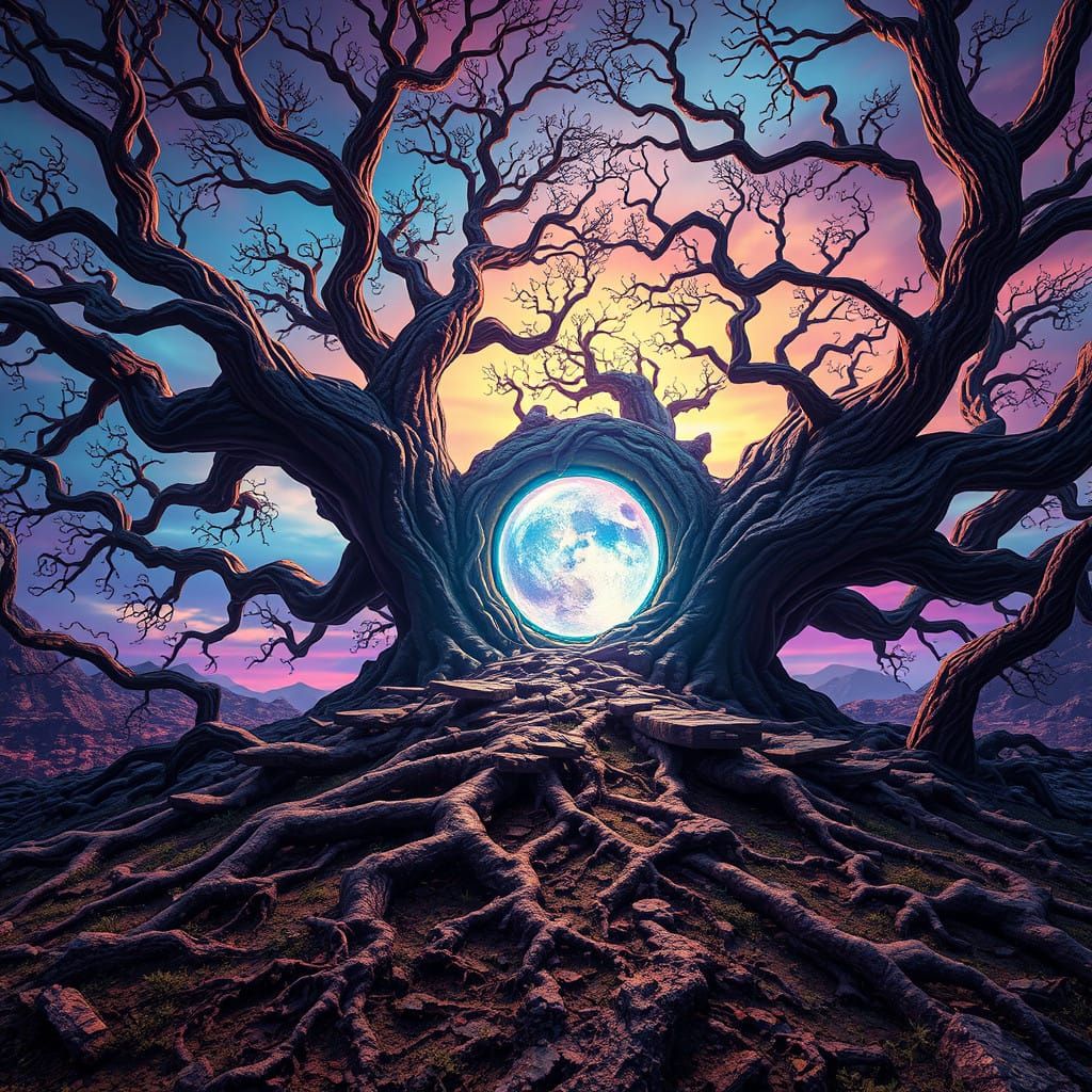 Surreal Fantasy Realm with Glowing Portal and Ancient Trees