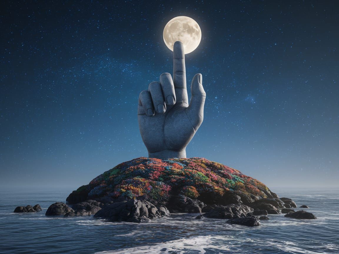 Giant Stone Hand Touches Moon in Dreamlike Scene