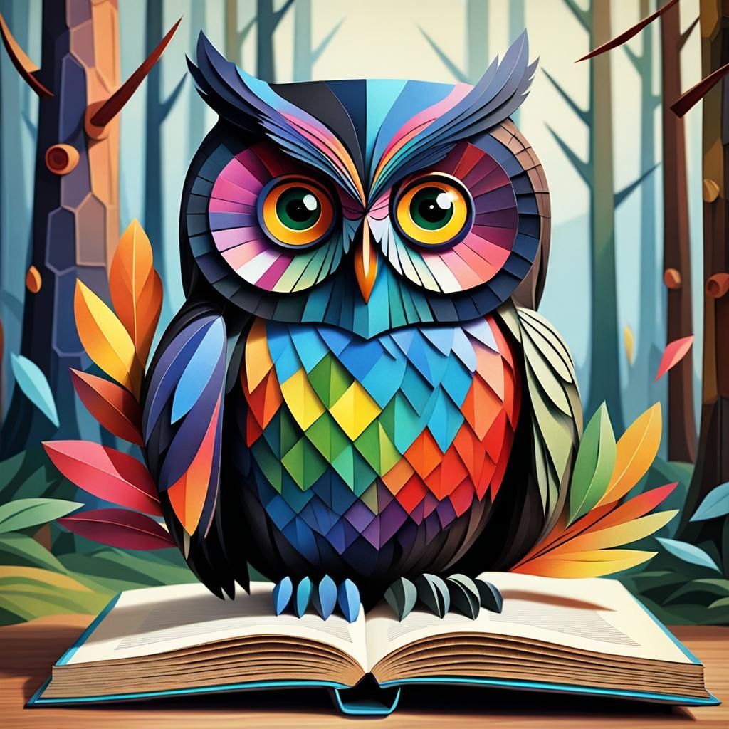 Cubist Rainbow Owls in Abstract Geometric Style