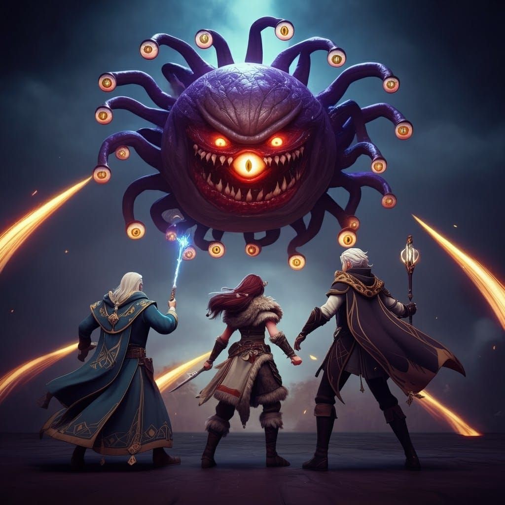 Epic Battle Against Beholder in Anime Style