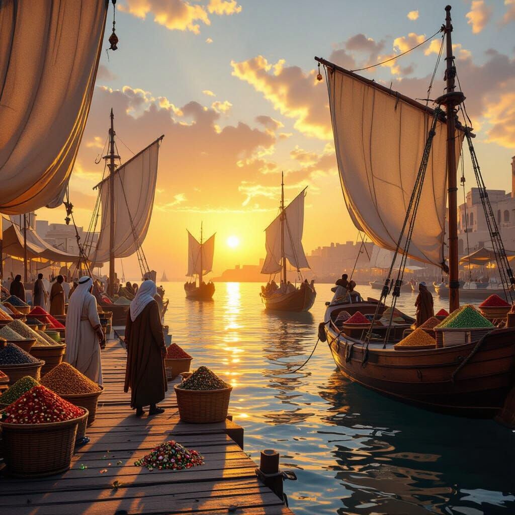 Medieval Port Trade: Spices, Gems, and Ships at Golden Hour