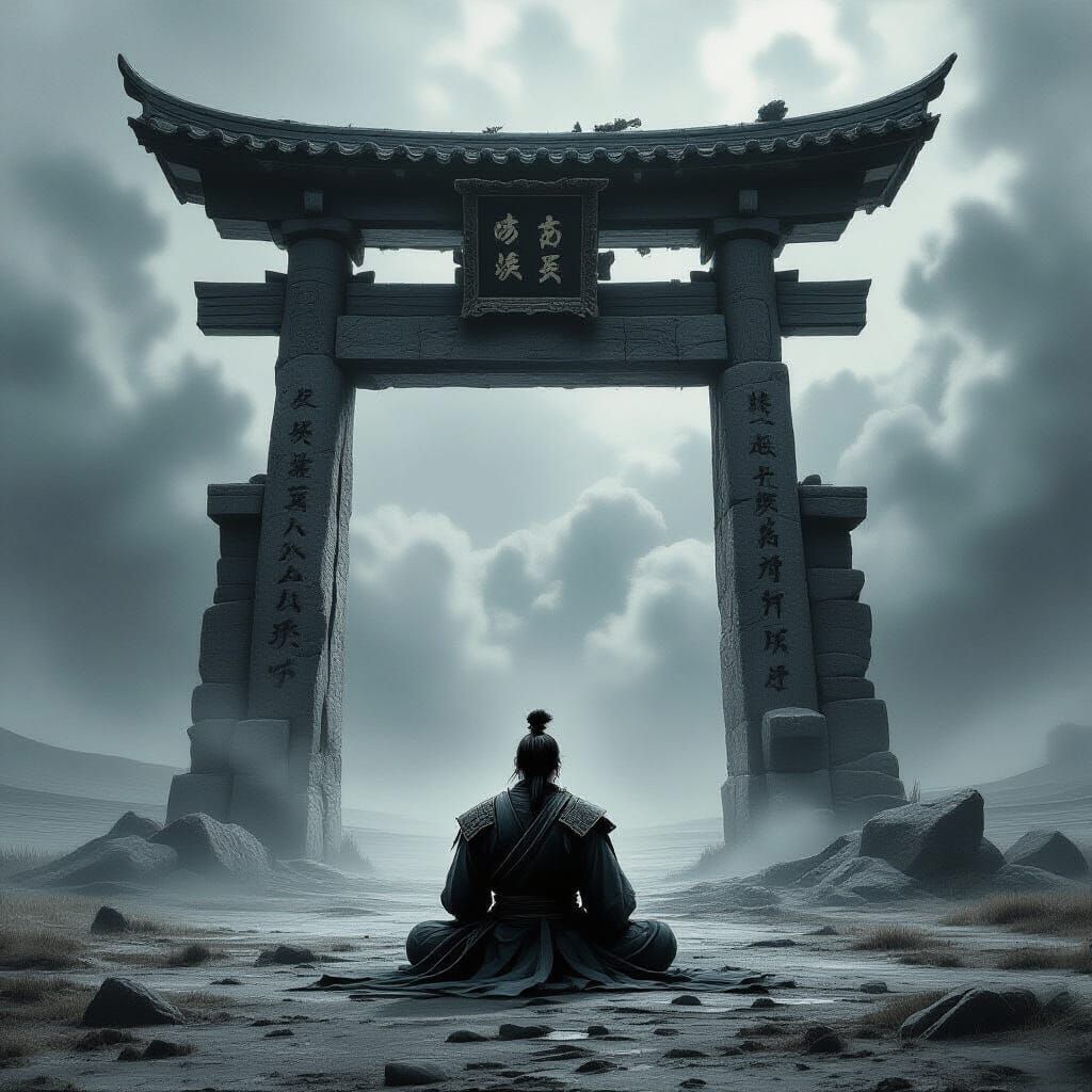 Samurai Meditating Under Ancient Gateway in Pencil Sketch St...