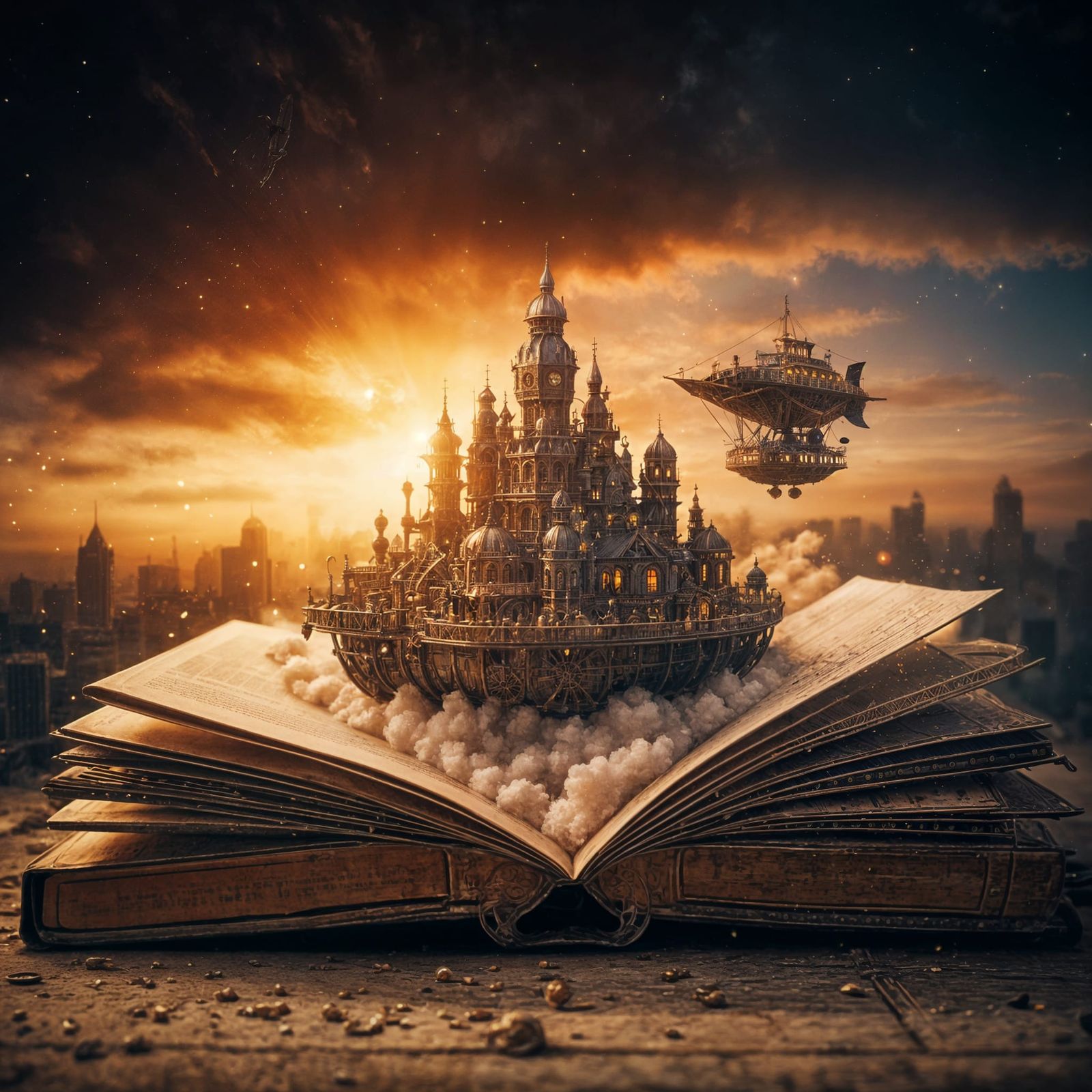 Close up of beautiful Hyper-detailed miniature  multi-tiered steampunk city emerging from the pages of a book, miniature...