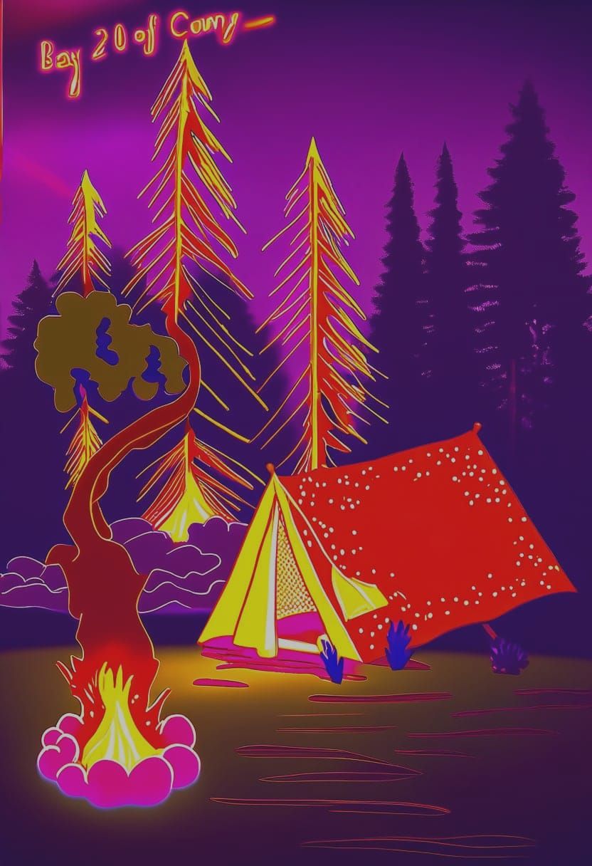 Camping Tent and Campfire on a Summer Night
