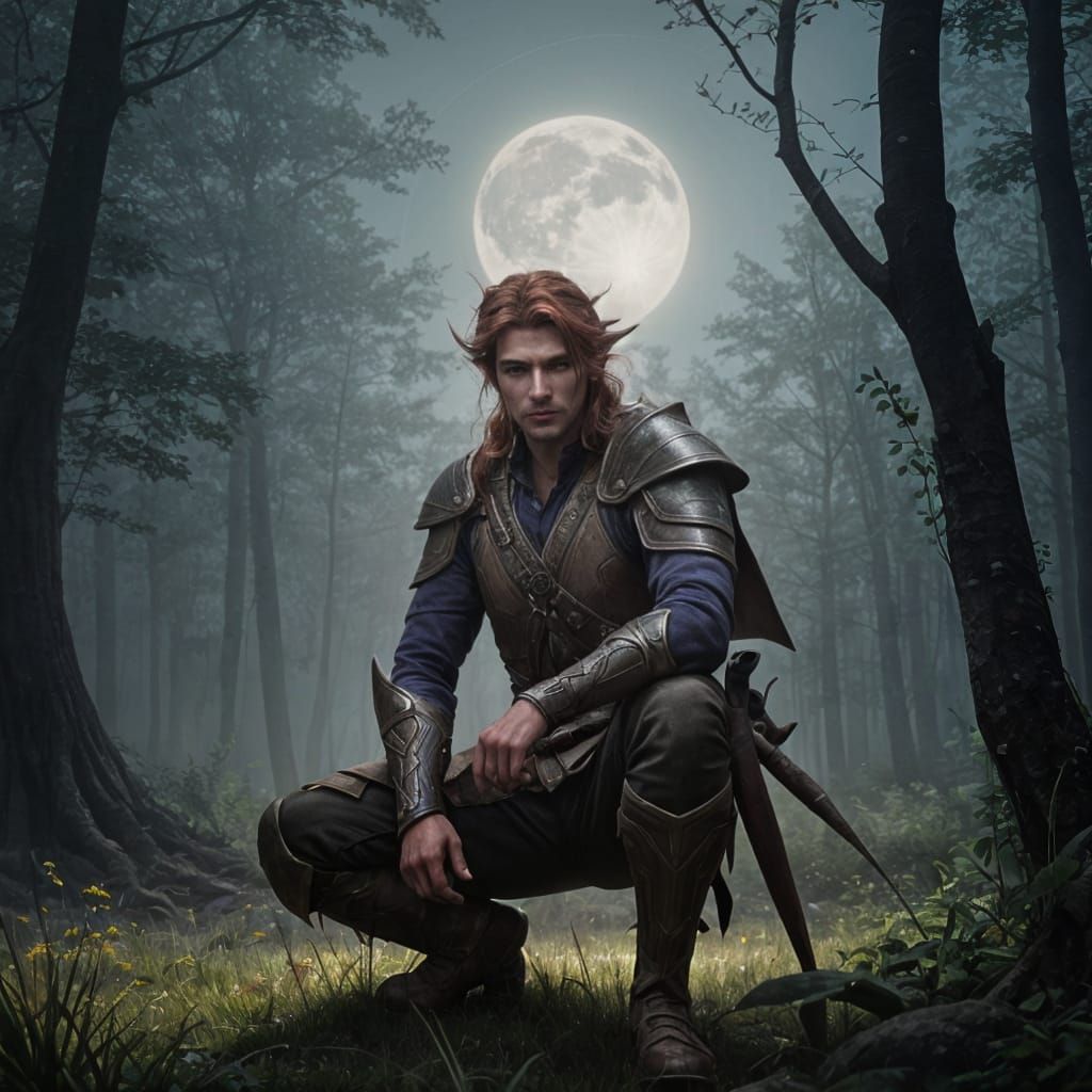 Elven Warrior in Misty Meadow, Dark Fantasy Art