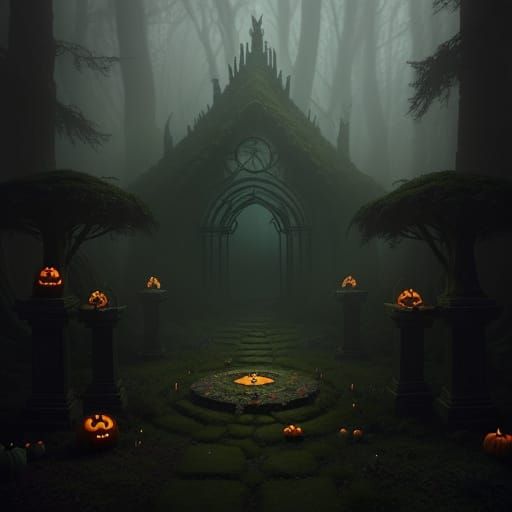 Mystical Glowing Pumpkins on Ancient Altar