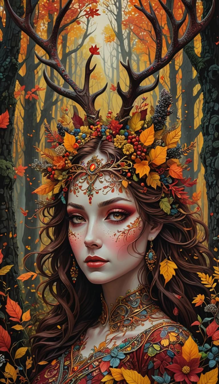 Goddess with antlers   Fall  colors  mixed media painting of...