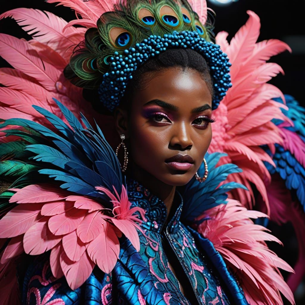 Electric Blue Fashion Models Strut Catwalk in Vibrant Peacoc...