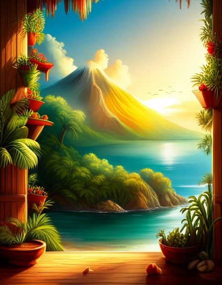 Volcano View from Tropical Hut Window