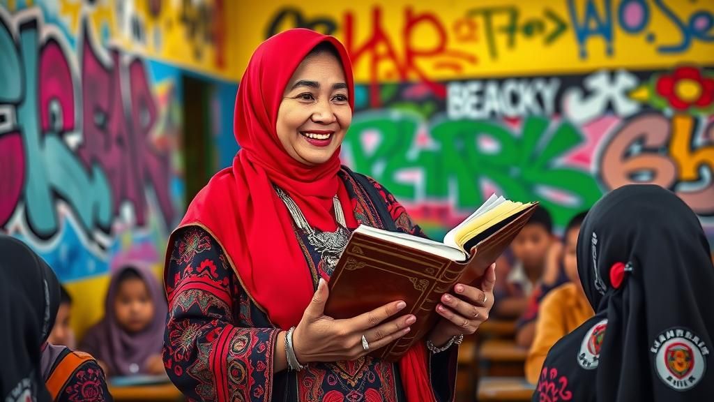 Minangkabau Scholar in Vibrant Graffiti Classroom