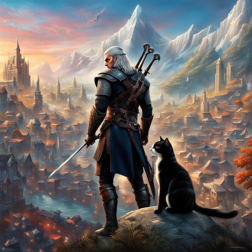Geralt of Rivia and Armored Cat-Woman in Elven City