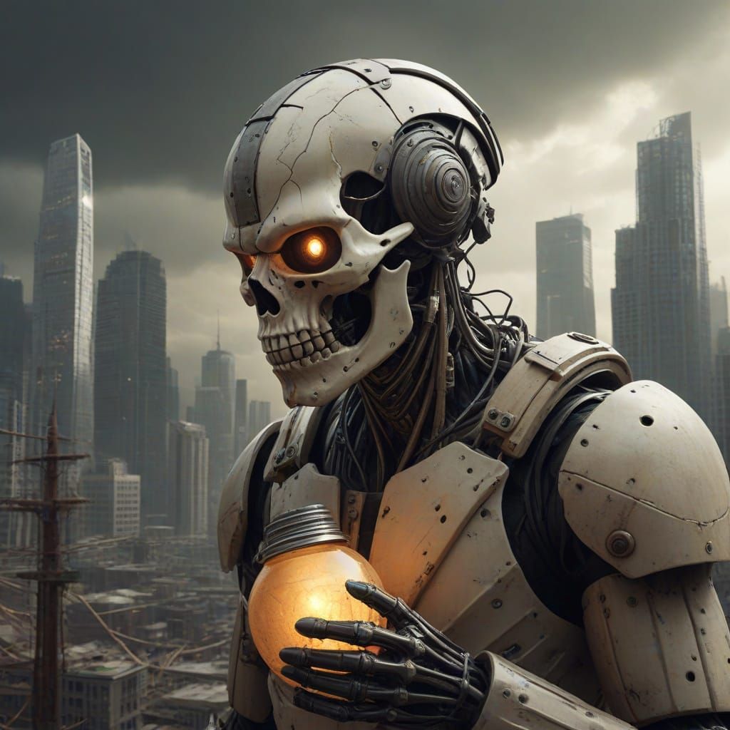 Survivor With Jug Helmet in Post-Apocalyptic Cityscape