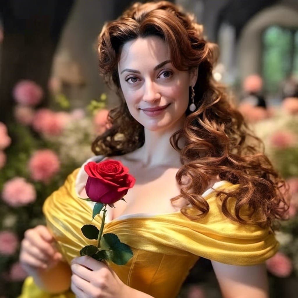 Belle in Yellow Dress with Rose, 3D Render