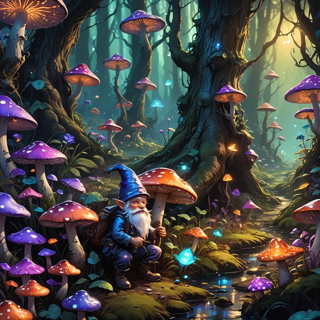 Chrome Gnome Digging in Glowing Mushroom Forest