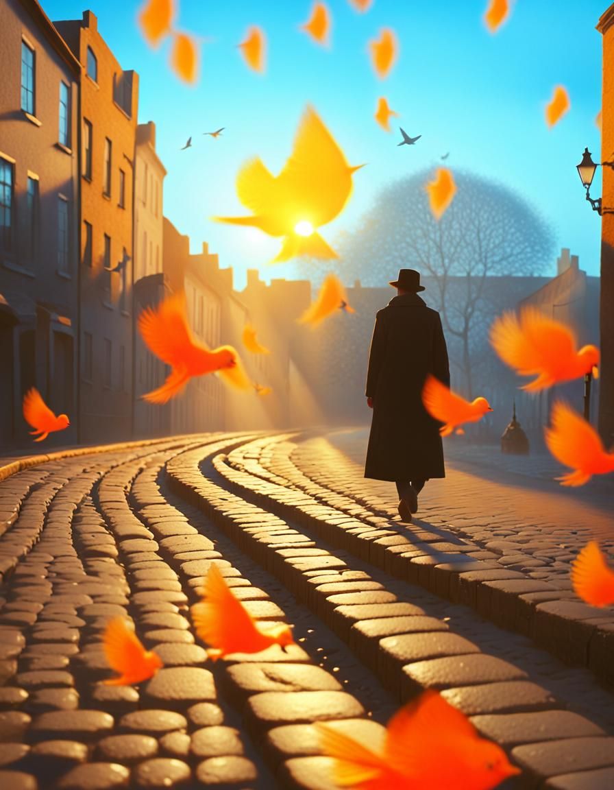 Atmospheric Dawn: Birds in a Deserted Alley