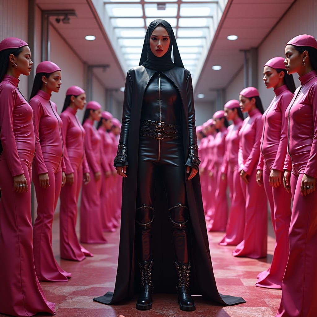 Futuristic Muslim Woman Teaching in Prison City, Syd Mead St...