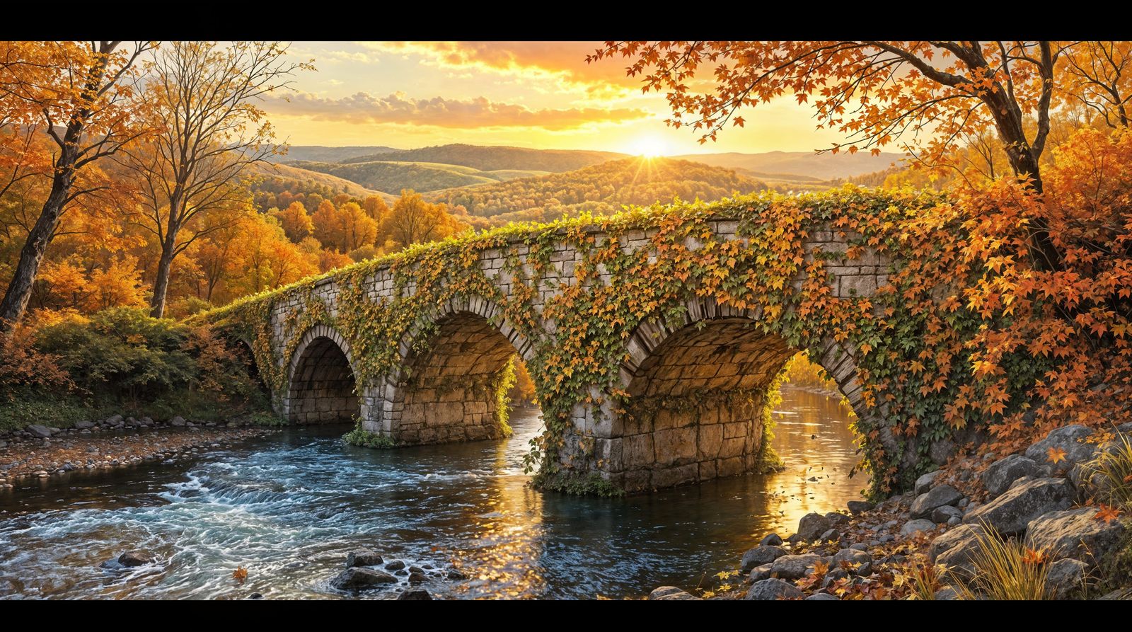 Surreal Autumn River Bridge in Golden Hour Light