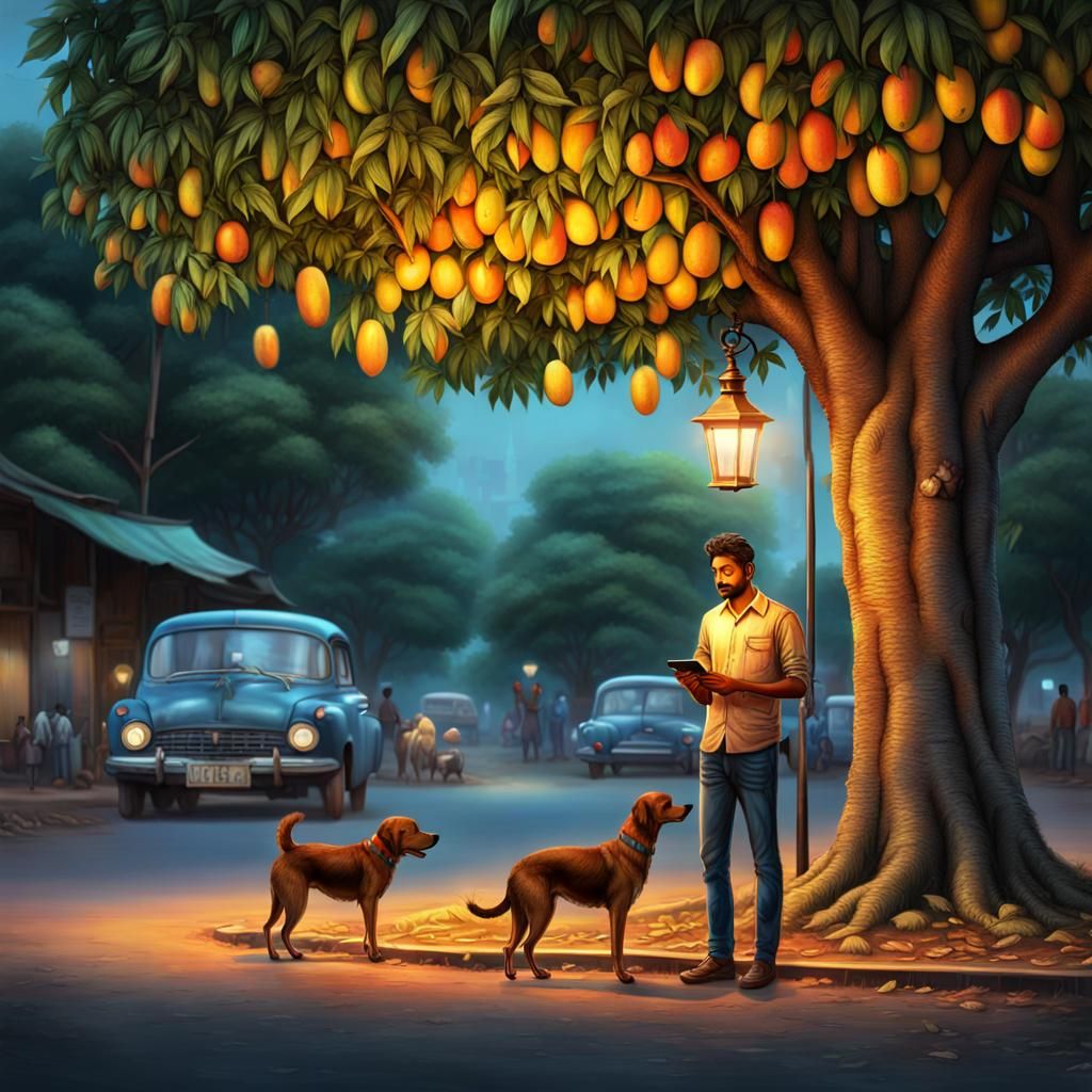 Indian Man Under Mango Tree at Evening