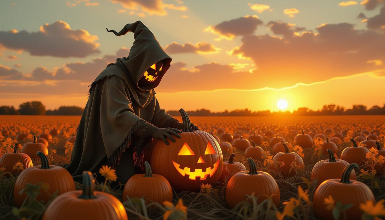 Anthropomorphic Pumpkin Person Harvesting Field at Sunset