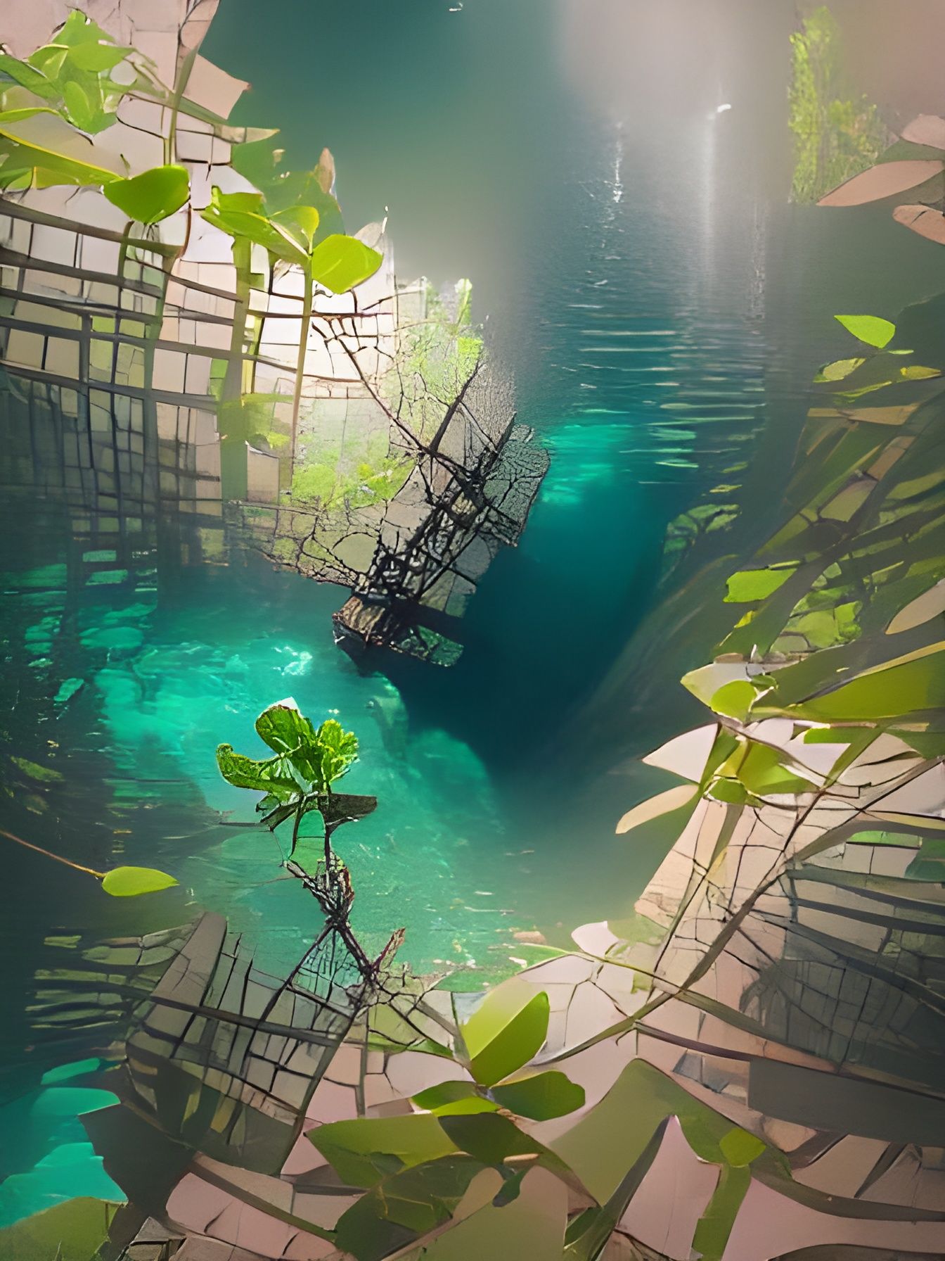 Tranquil Hidden Cenote in Kinetic Pointillism Style