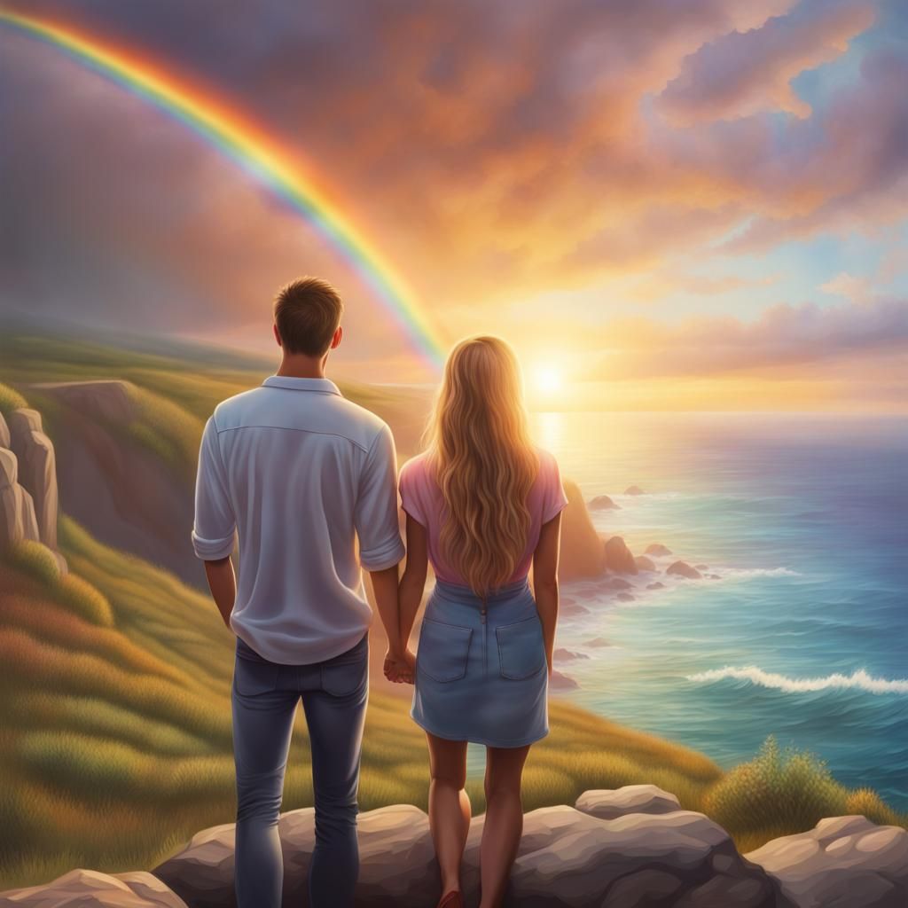 Couple Gazing at Rainbow Sunset in Williams Style