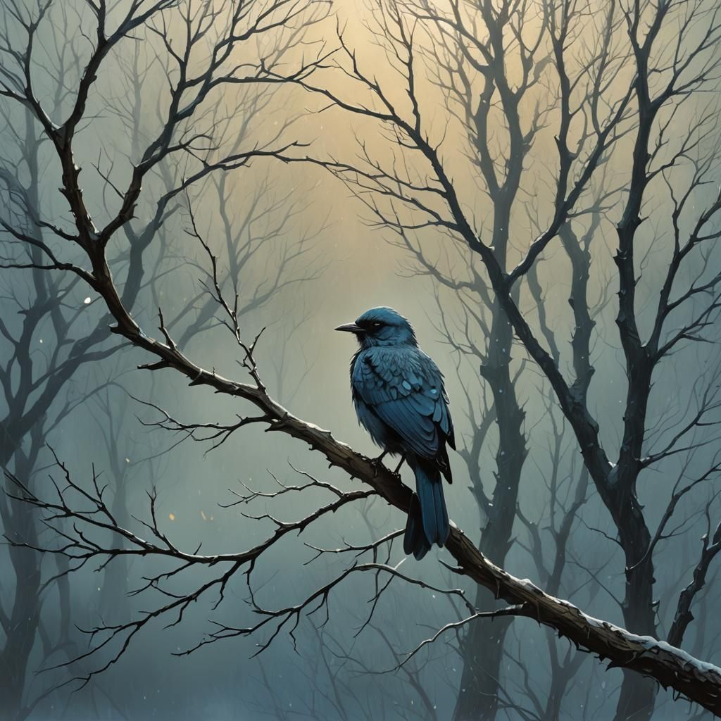 Winter Bird on Tree Branch in Fantasy Art Style
