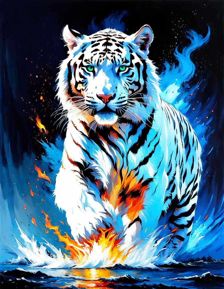 Fiery White Tiger on Blue Water