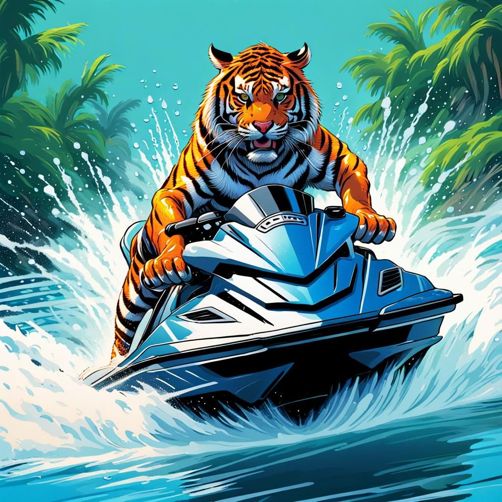Tiger on Jet Ski: Dynamic Comic Book Art