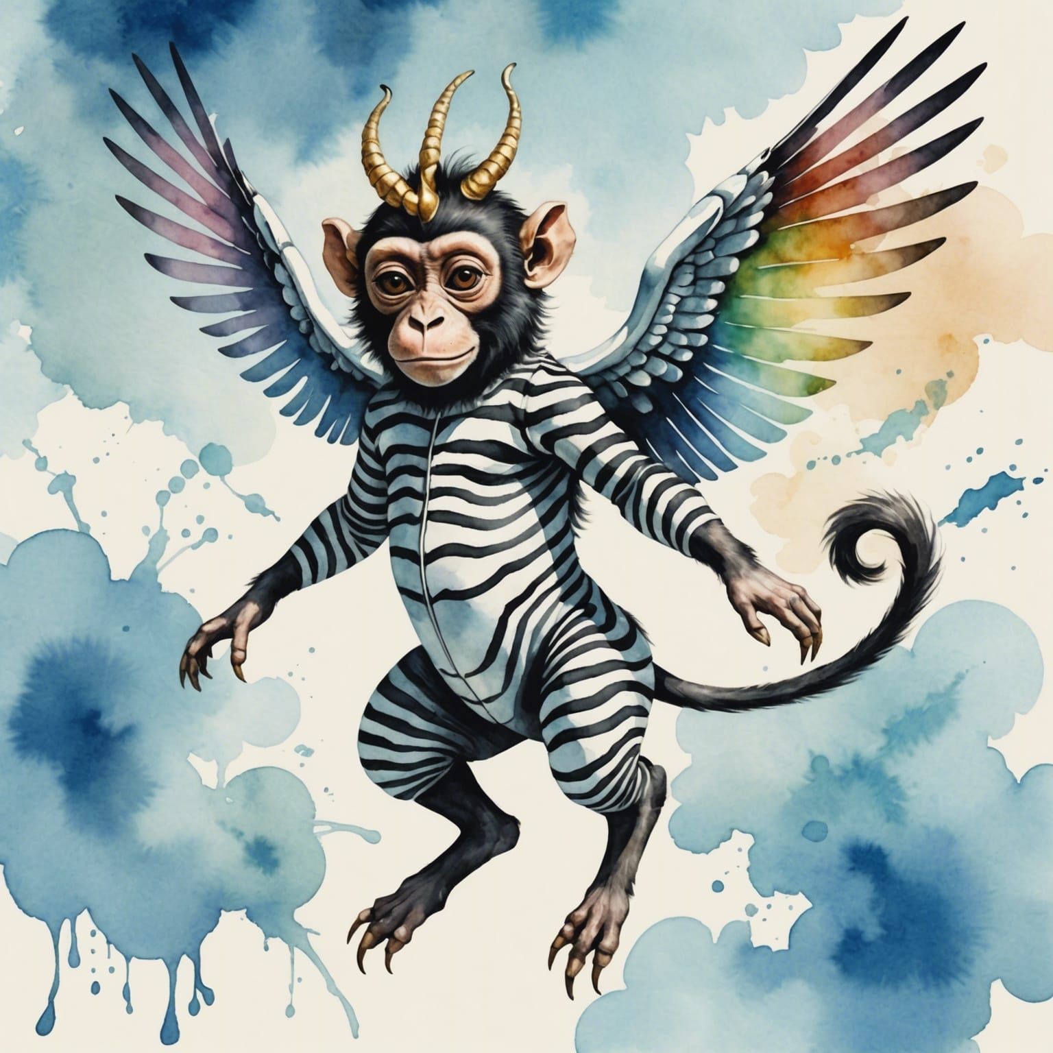 A flying zebra monkey unicorn - a Surrealist watercolor by Salvatore Dali.