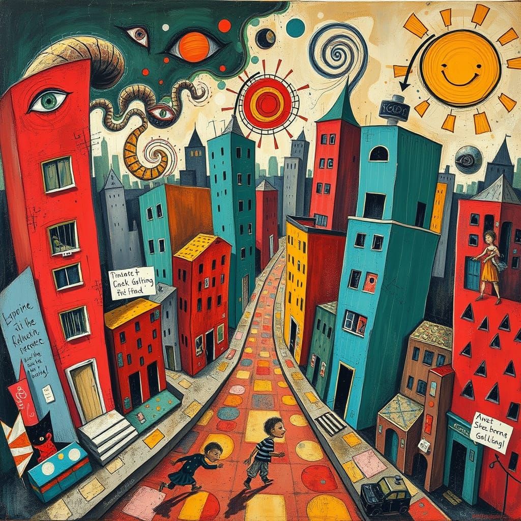 Frenzied Metropolis in Raw Art Brut Style