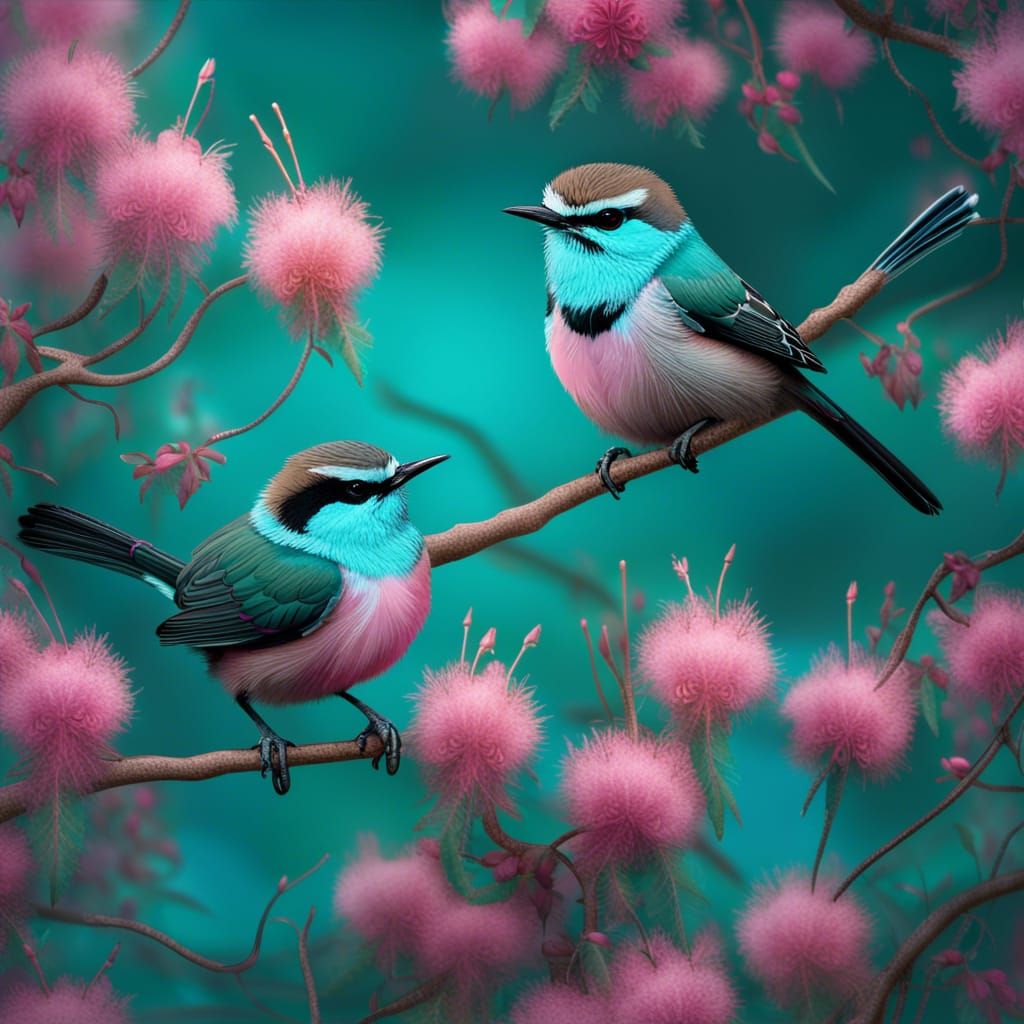 Australian Fairy Wrens in a Blossoming Tree