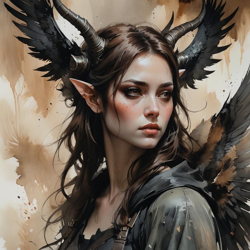 Dramatic Portrait of Horned Girl with Wings