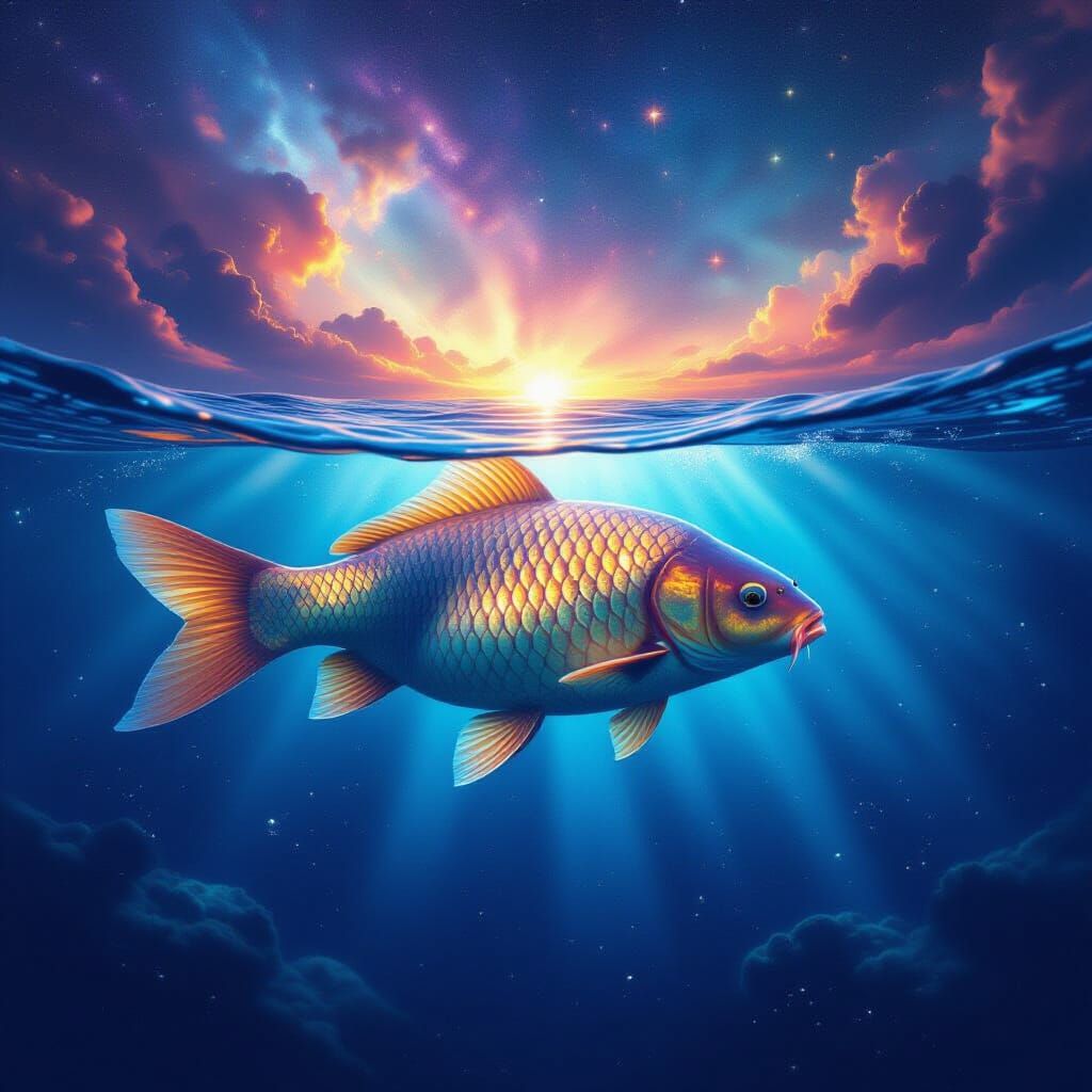 Carp Swims Through Cosmic Galaxy Pond in Dreamlike Style