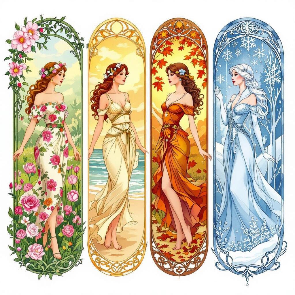 Four Seasons Women in Ornate Frames, Art Nouveau Style