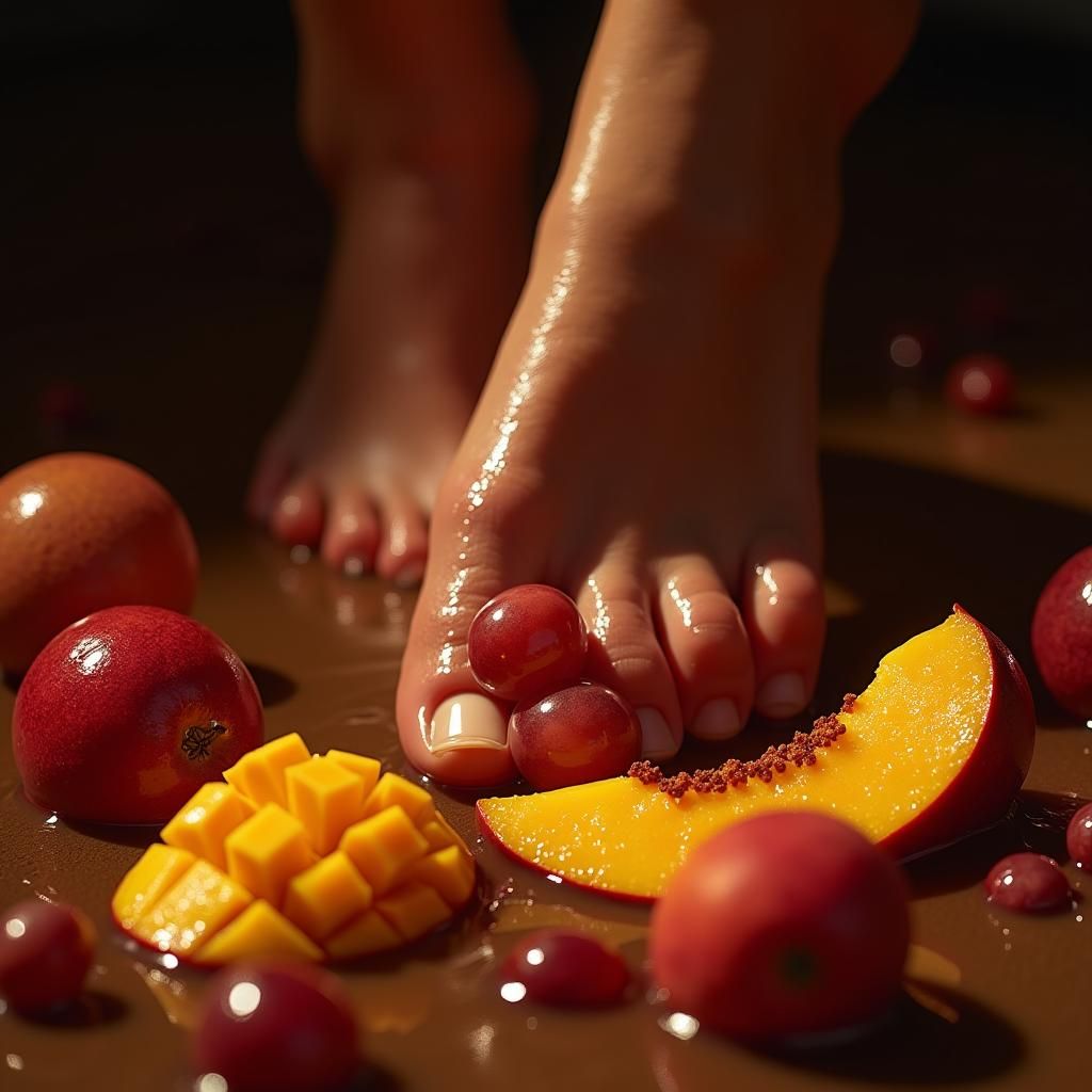 Feet Submerged in Exotic Fruits in Photorealistic Style
