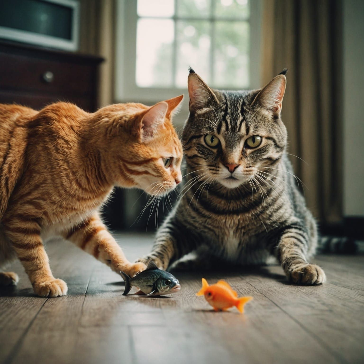 Tabby Cats Play with Toy Fish: Cinematic Still
