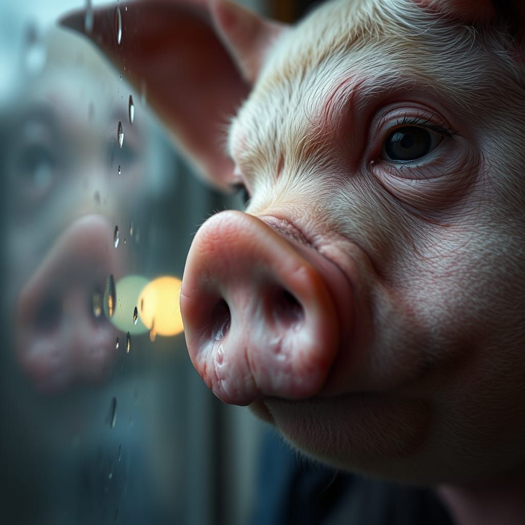 Hyperrealistic Pig-Man's Emotive Portrait in Rainy Blues